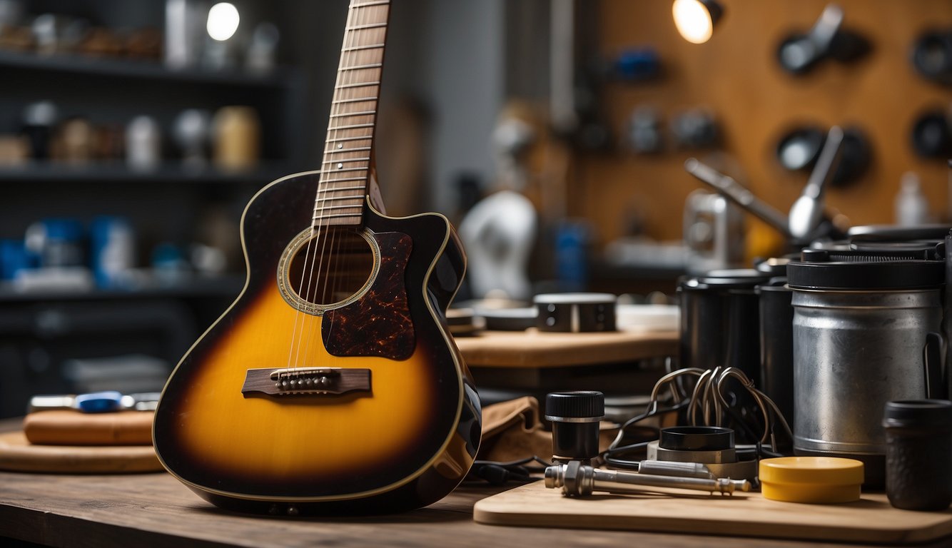 A guitar lying on a clean, well-lit workbench with various cleaning solutions and tools nearby. A pungent odor emanates from the strings