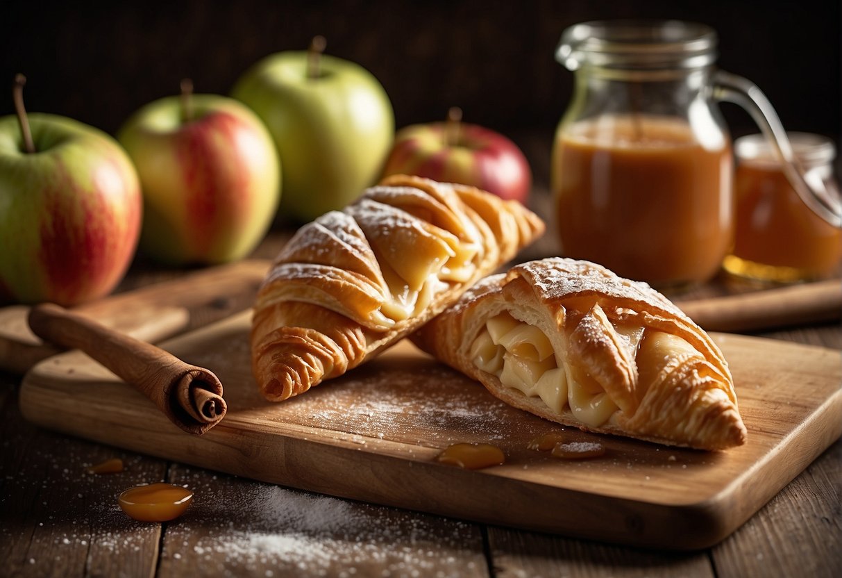A table with ingredients for caramel apple turnovers: apples, caramel sauce, puff pastry, cinnamon, sugar, and a rolling pin