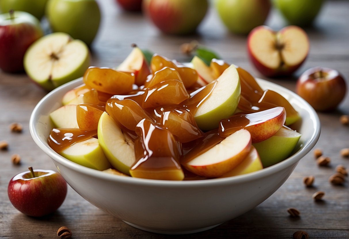 Apples being peeled, sliced, and mixed with caramel sauce in a bowl. Sugar and cinnamon sprinkled on top