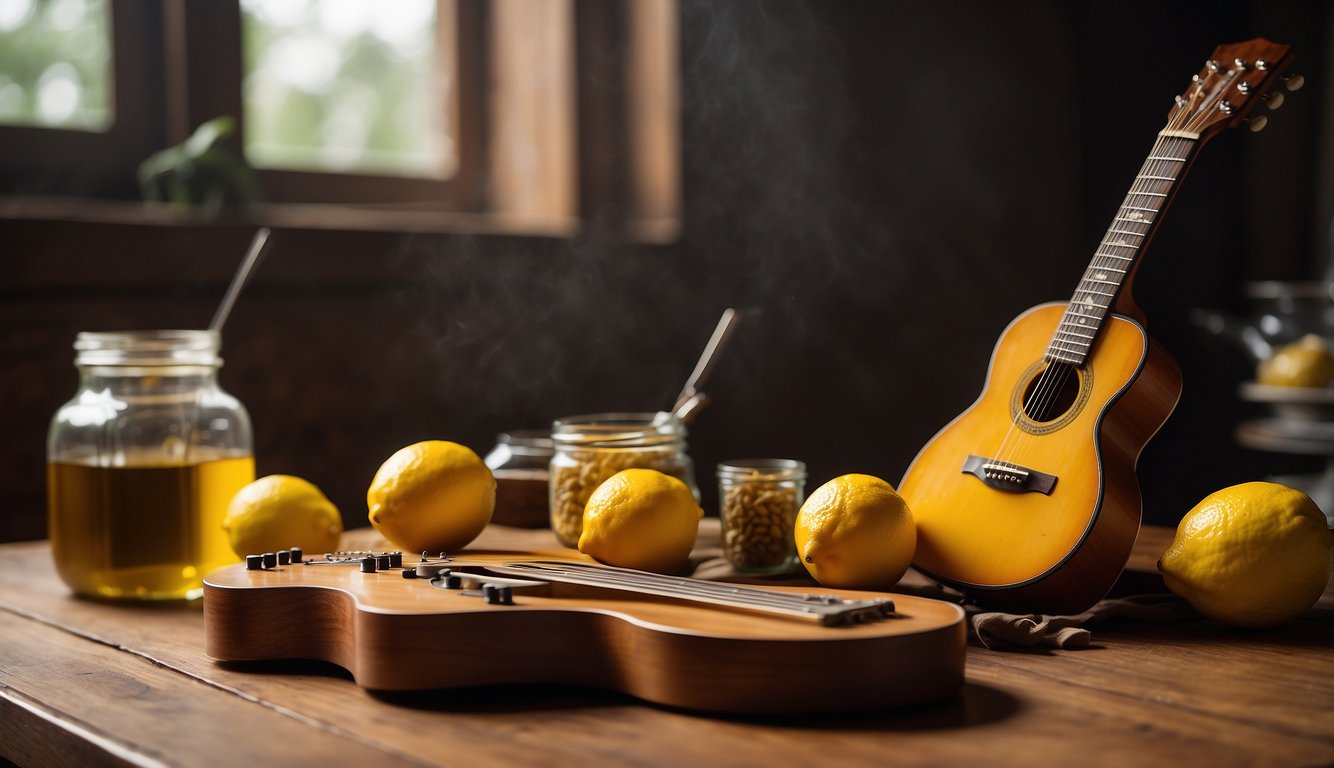 A guitar lying on a wooden table, surrounded by various household items like vinegar, lemon, and baking soda. A faint odor emanates from the strings, piquing curiosity
