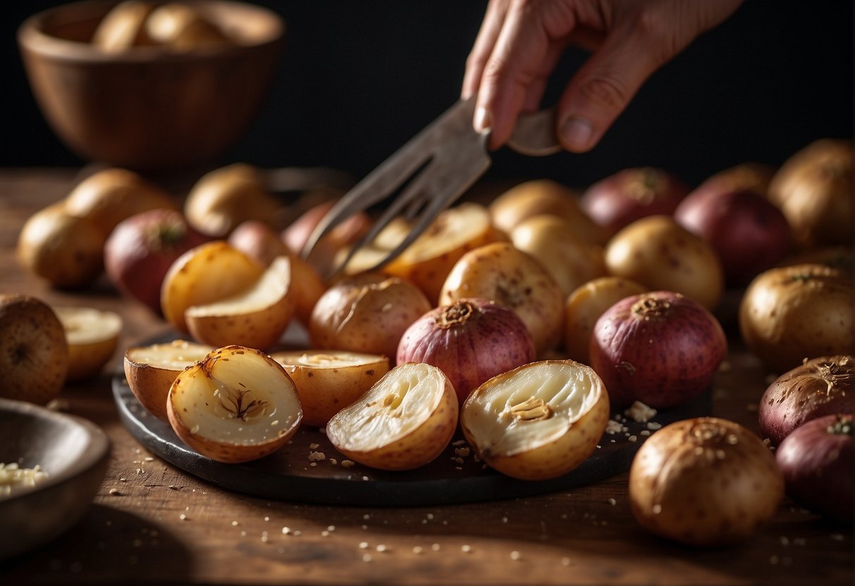 Roasted garlic, bacon, and red potatoes being carefully selected for quality ingredients