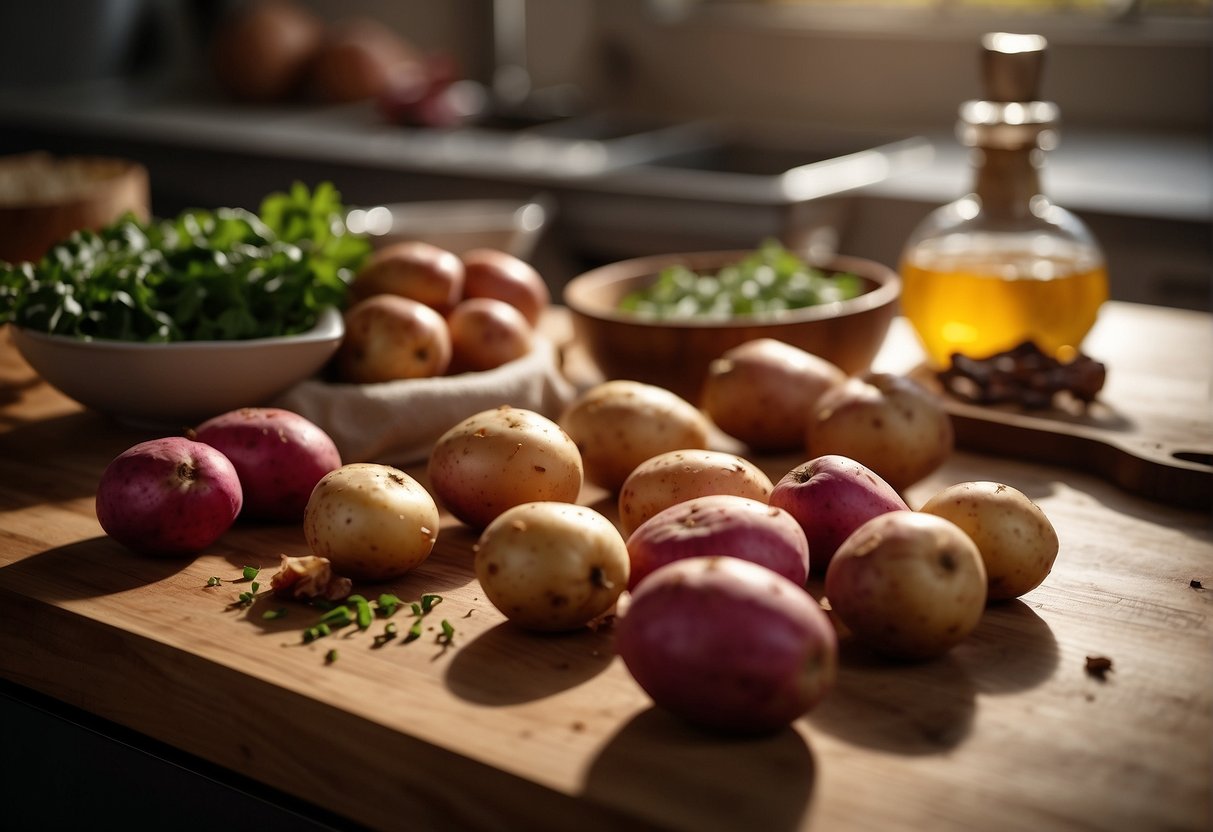Red potatoes, bacon, and roasted garlic are being prepped for cooking. The ingredients are laid out on a clean kitchen counter