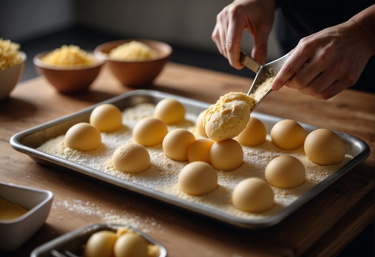 A bowl of vanilla pudding mix, flour, sugar, and eggs being mixed together, then shaped into cookie dough balls on a baking sheet