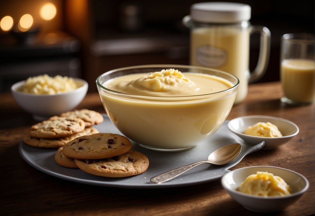 A mixing bowl filled with vanilla pudding mix, surrounded by ingredients and a recipe card. A tray of freshly baked cookies cooling on a wire rack next to the bowl