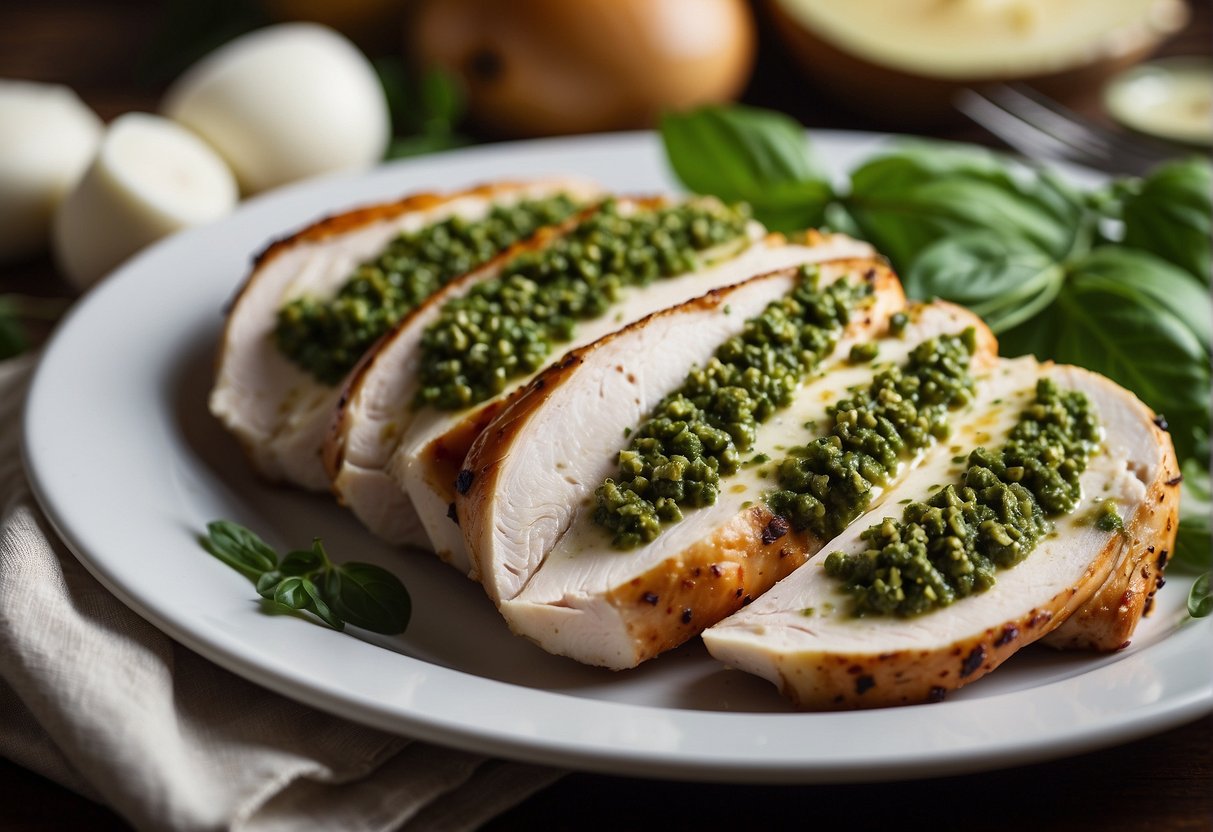 A whole chicken breast is sliced open and filled with vibrant green pesto and creamy mozzarella, ready to be baked to perfection