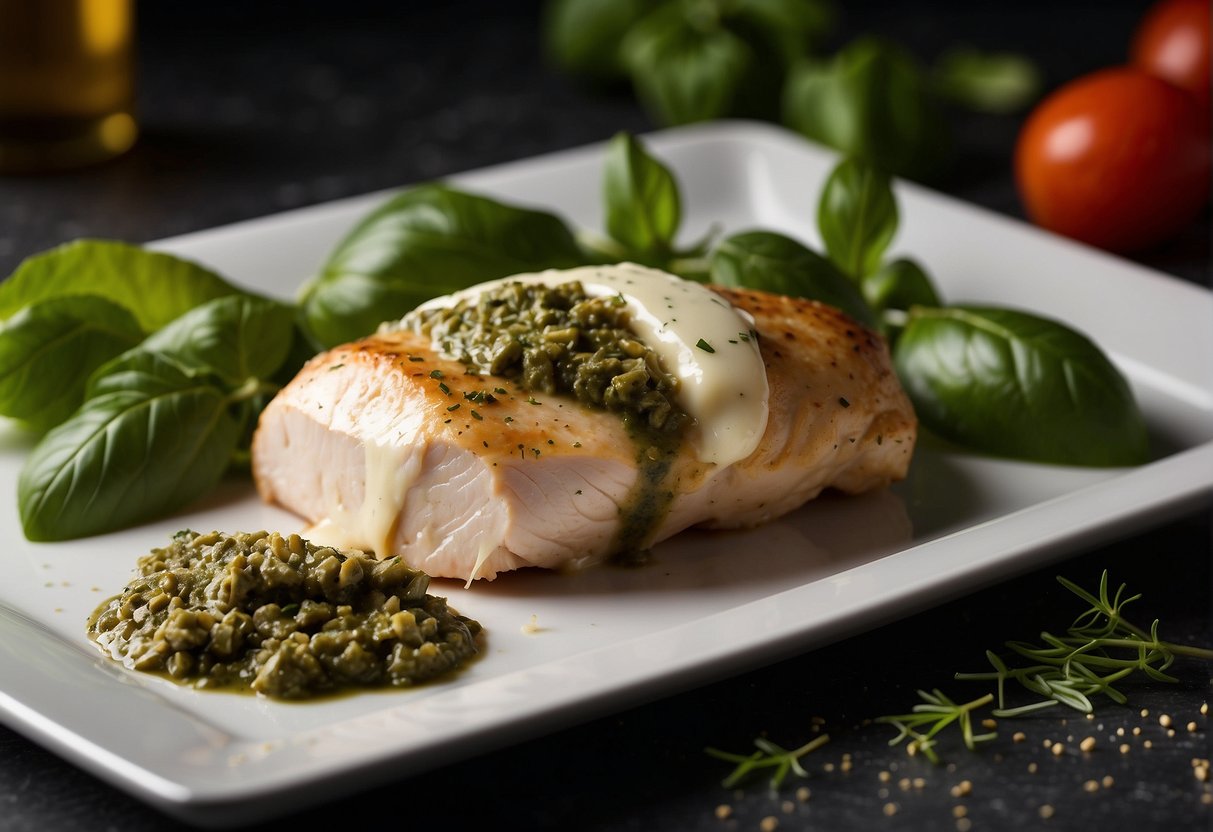 A chicken breast is being stuffed with pesto and mozzarella, ready to be cooked