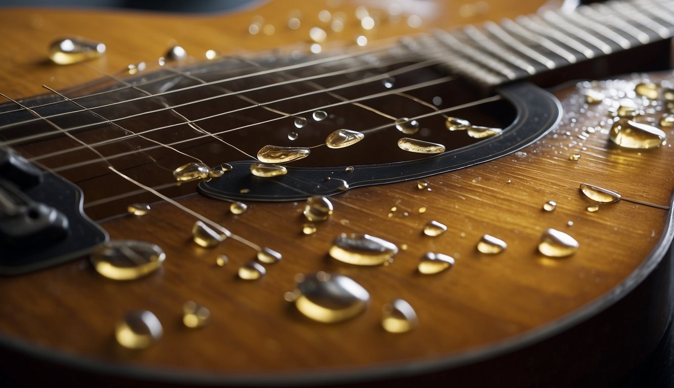 Guitar strings being soaked in oil, then gently wiped clean with a soft cloth