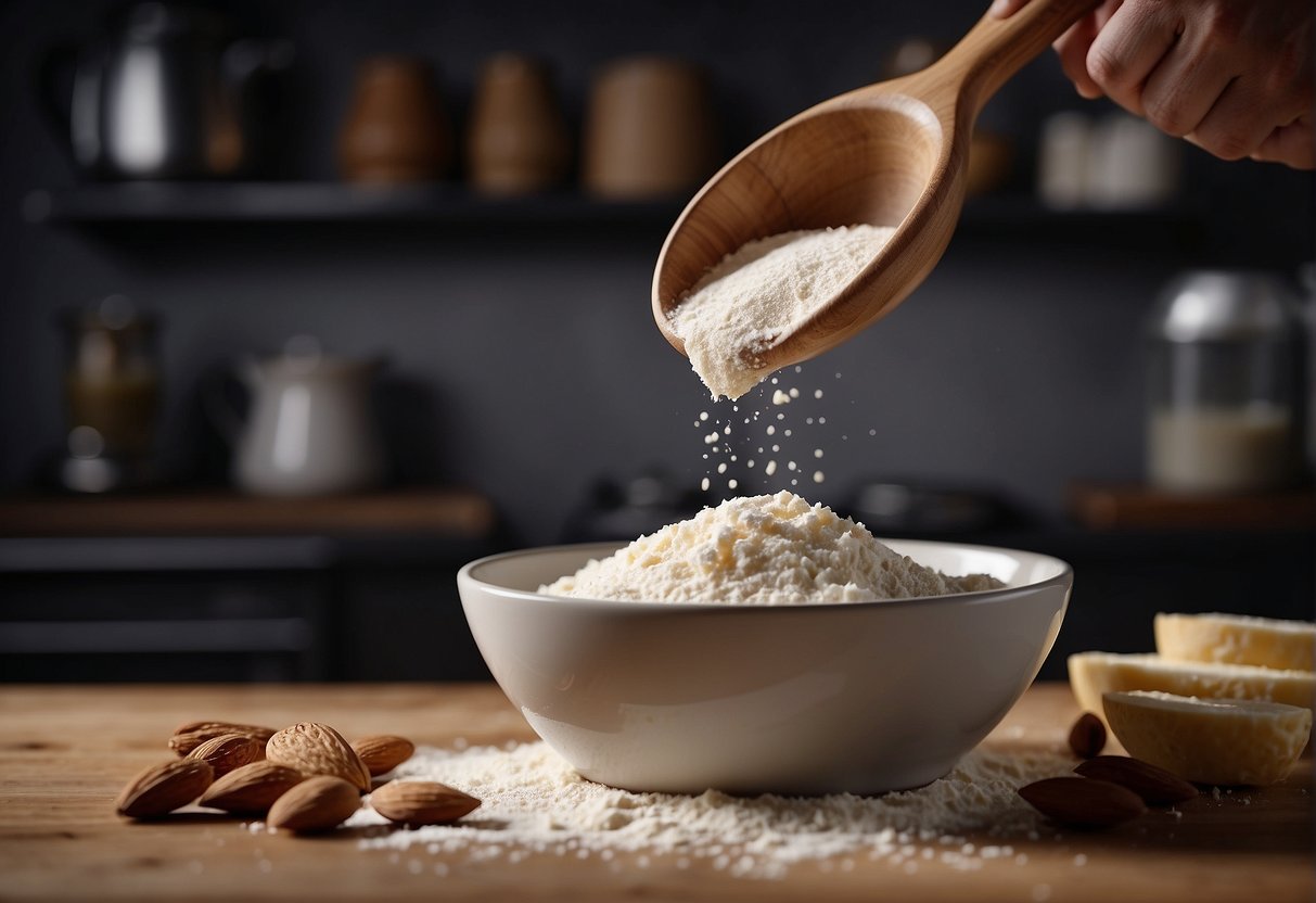 A mixing bowl filled with flour, sugar, and almonds. A hand pouring melted butter into the bowl. A wooden spoon stirring the ingredients together