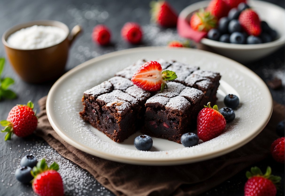 A plate of rich, fudgy black bean brownies surrounded by fresh berries and a sprinkle of powdered sugar