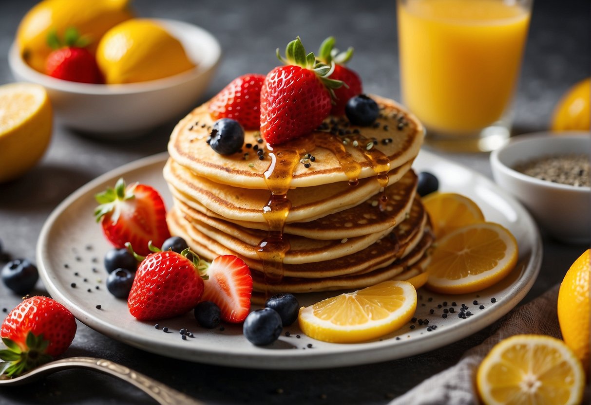 A stack of golden pancakes topped with fresh strawberries, drizzled with lemon glaze and sprinkled with poppyseeds, surrounded by a glass of orange juice and a bowl of mixed berries