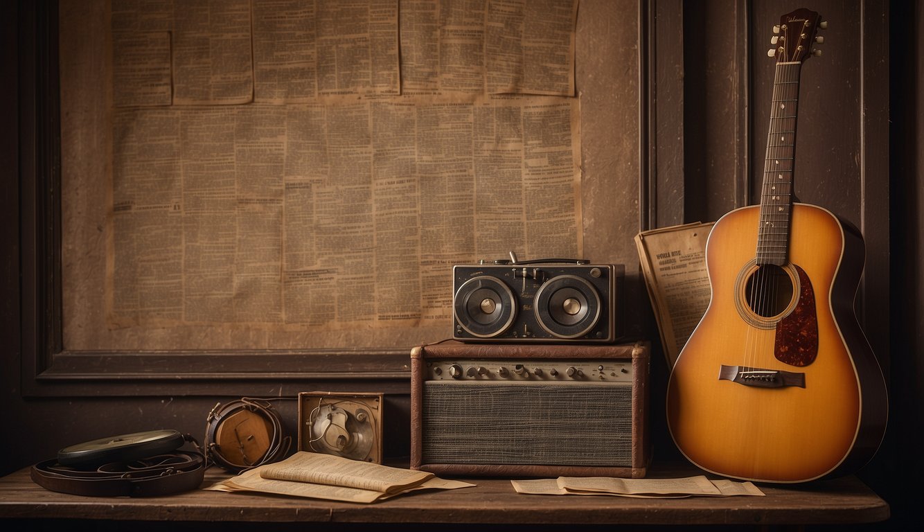 A guitar with taut strings sits on a worn wooden table, surrounded by old music sheets and vintage records. A faded poster of a famous guitarist hangs on the wall