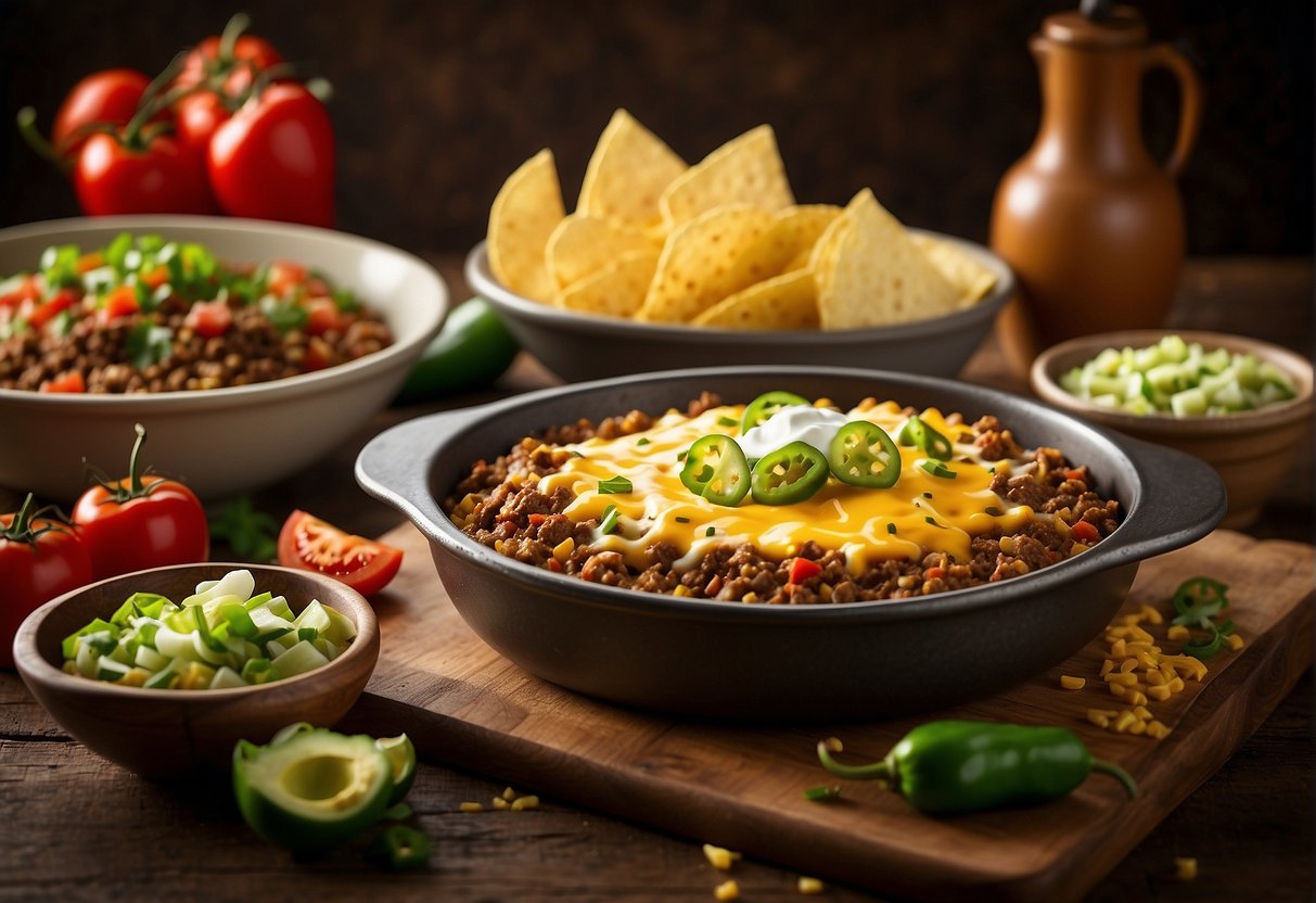 A table with a green chili taco bake dish, surrounded by ingredients like ground beef, green chilies, cheese, and tortilla chips
