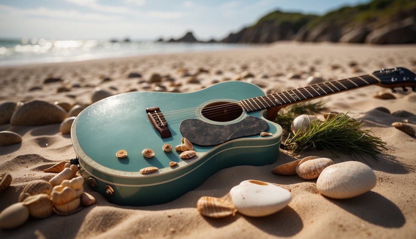 A guitar lying on a beach with loose strings, surrounded by sand, shells, and seaweed, under a cloudy sky with a gentle breeze