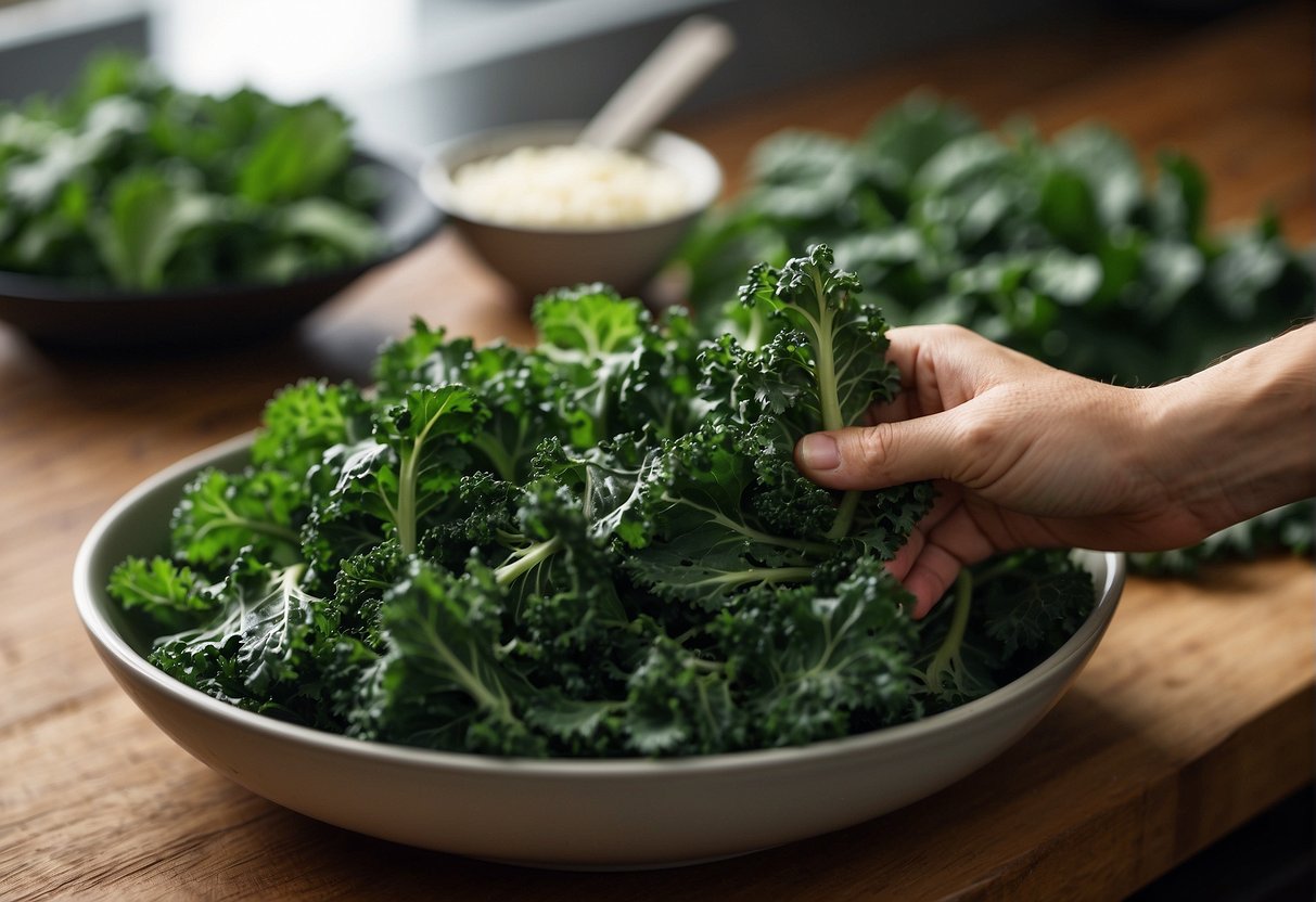 A hand reaches for a bunch of fresh kale leaves, carefully selecting the best ones. A bowl of kale chips sits nearby, indicating the next step in the process