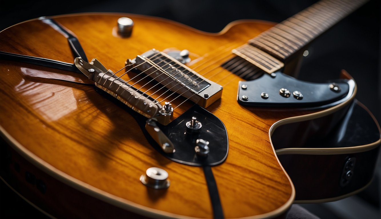 A guitar with loose strings is shown, with a focus on the tension and slackness of the strings, and the confusion and frustration of the guitarist