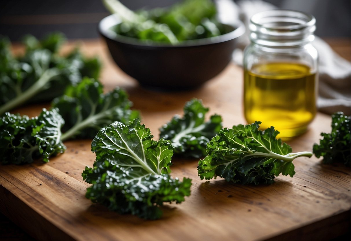 Fresh kale leaves are washed, dried, and torn into bite-sized pieces. They are then tossed in olive oil and seasoned before being spread out on a baking sheet