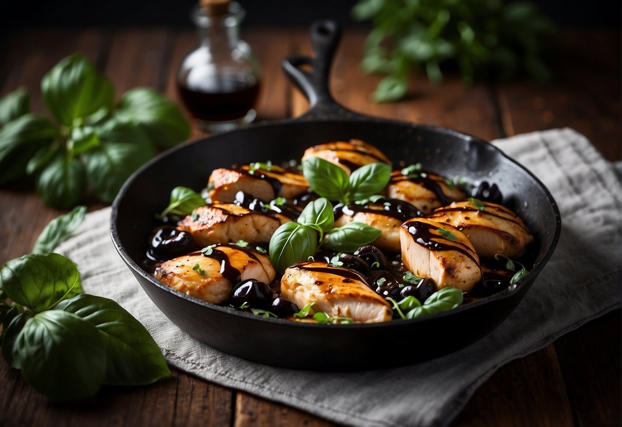 A sizzling skillet with tender basil balsamic Italian chicken, surrounded by vibrant green basil leaves and drizzled with rich balsamic glaze