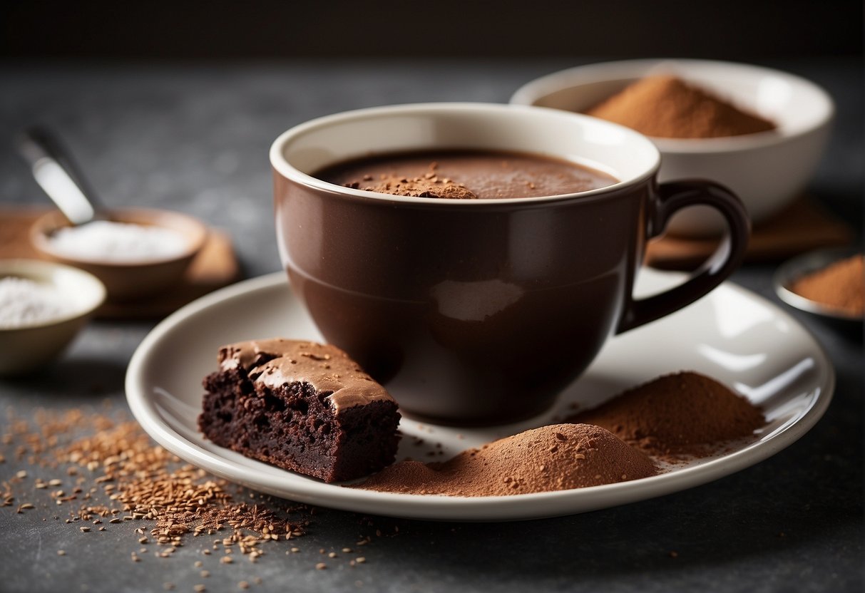 A gluten-free brownie mug mix sits on a clean countertop with scattered ingredients like cocoa powder, sugar, and a small mixing bowl