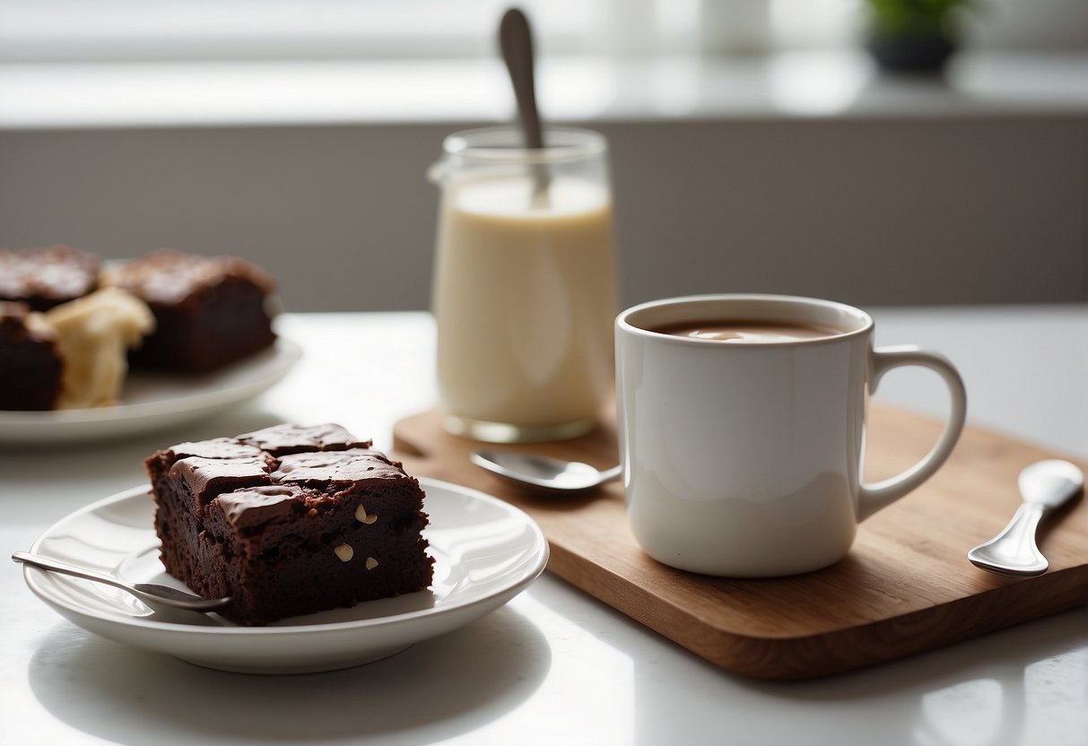 A gluten-free brownie mug sits on a clean, white table, with a spoon placed beside it