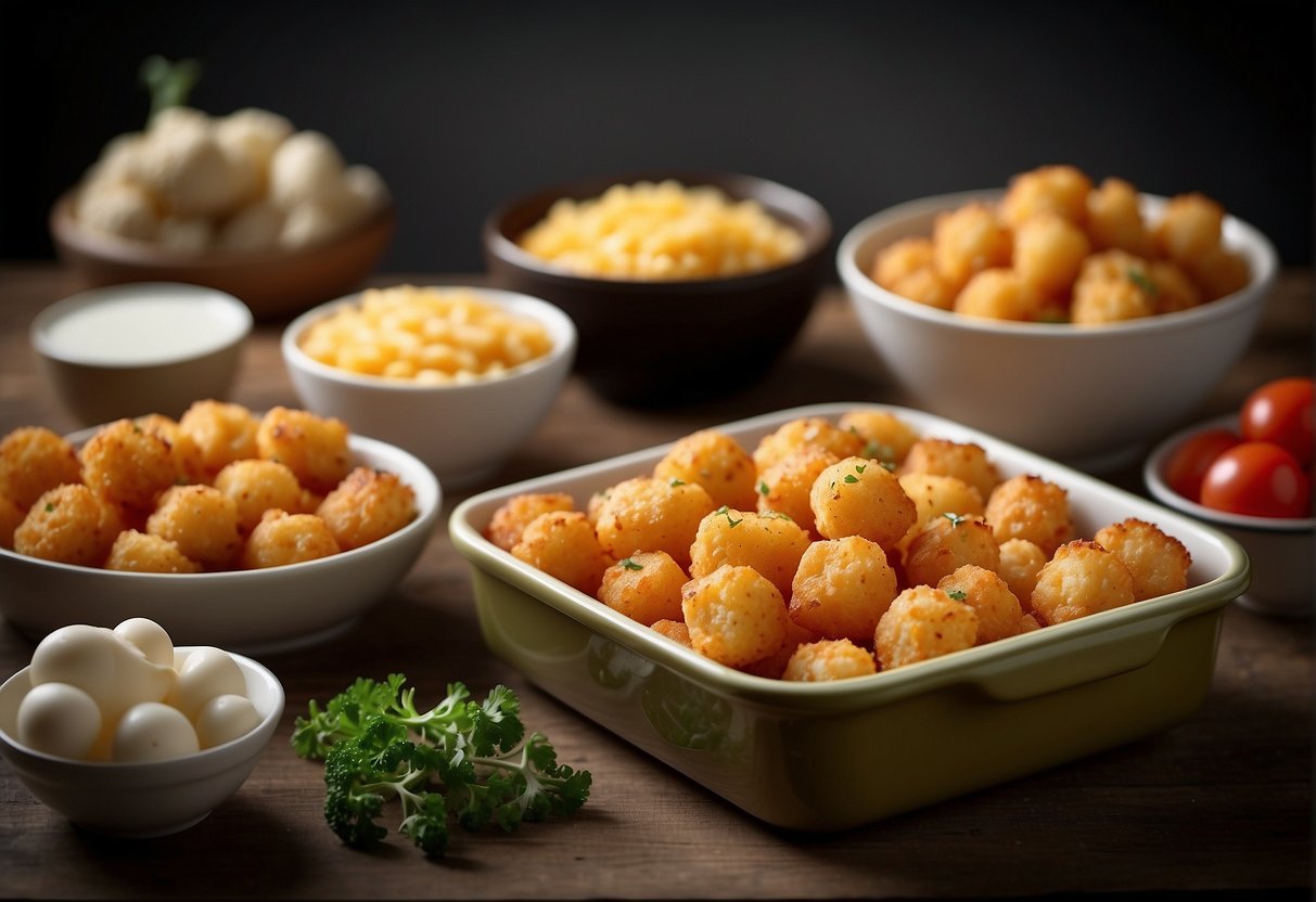 A baking dish filled with tater tots, eggs, cheese, and bacon, surrounded by bowls of diced vegetables and alternative ingredients for substitutions