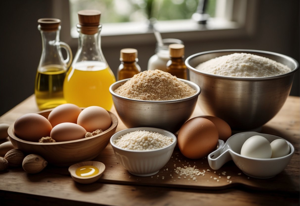 A table with ingredients: gluten-free flour, xanthan gum, yeast, sugar, salt, eggs, oil, and warm water. Mixing bowl, measuring cups, and a loaf pan