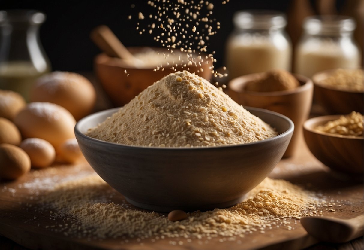 A variety of gluten-free flours and ingredients are being mixed together in a large bowl to create the perfect blend for baking