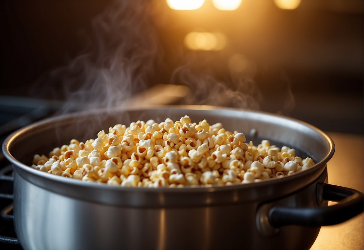 A steaming pot of kettle corn pops on a stovetop, releasing a sweet and salty aroma. The golden kernels are coated in a caramel glaze, creating a crunchy and irresistible snack