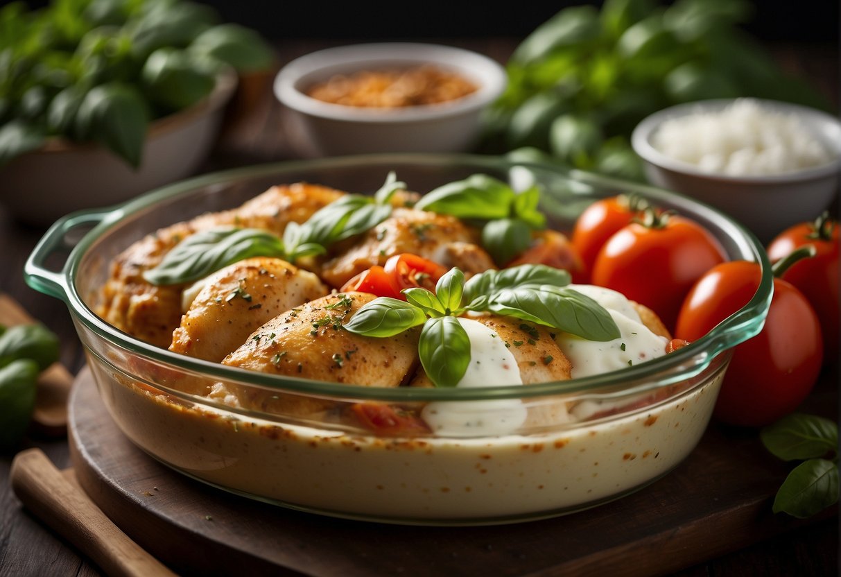 A baking dish filled with seasoned chicken, tomatoes, mozzarella, and basil, surrounded by fresh herbs and spices