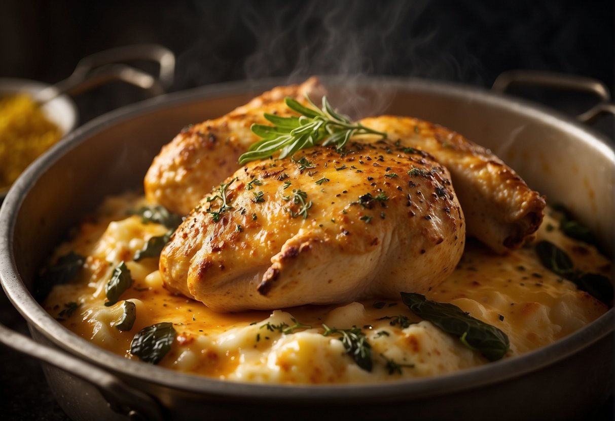 A sizzling Italian chicken bake emerges from the oven, steam rising as the golden crust crackles. Aromatic herbs and melted cheese create a mouthwatering sight