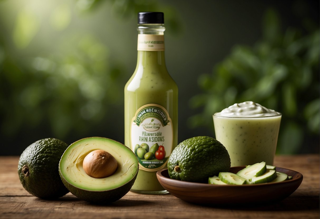 A tomatillo and avocado sit next to a bottle of ranch dressing