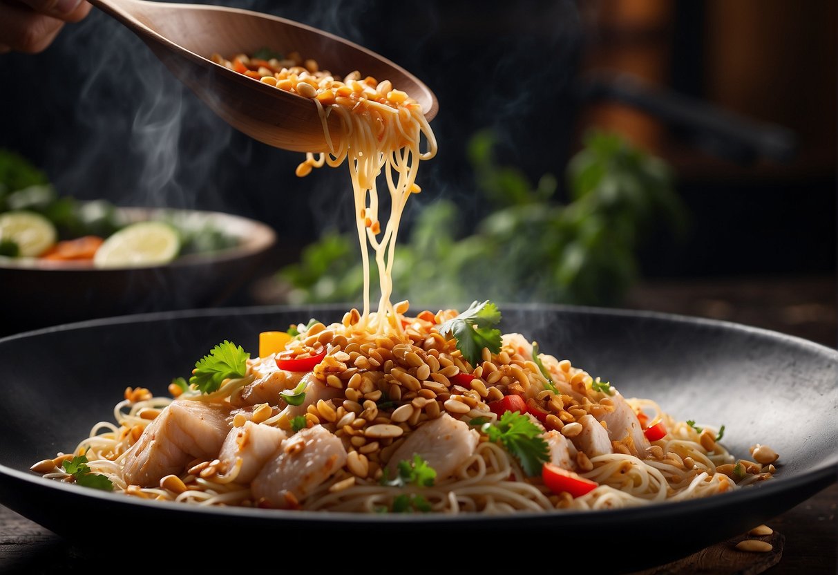 A sizzling wok tosses rice noodles, chicken, and vegetables in a fragrant blend of tangy tamarind, savory fish sauce, and spicy chili, topped with crushed peanuts and a spritz of lime