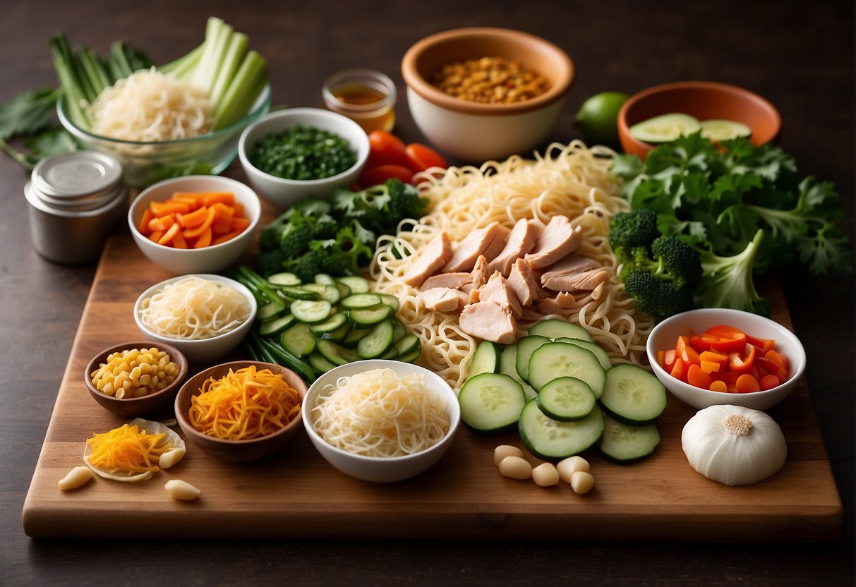 A cutting board with sliced chicken, noodles, vegetables, and condiments arranged neatly for cooking chicken pad thai