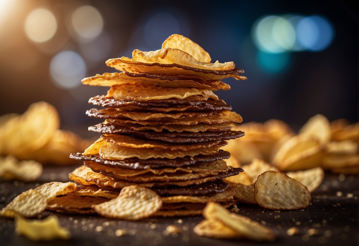A pile of crispy potato chips coated in rich caramel and drizzled with smooth chocolate, surrounded by a crowd of eager snackers