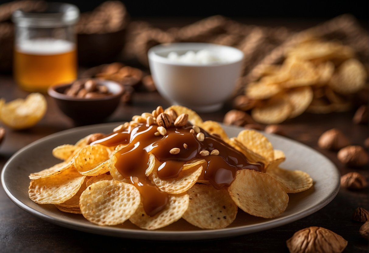 Caramel chocolate drips over ridged potato chips on a parchment-lined tray. Optional toppings include chopped nuts and sea salt