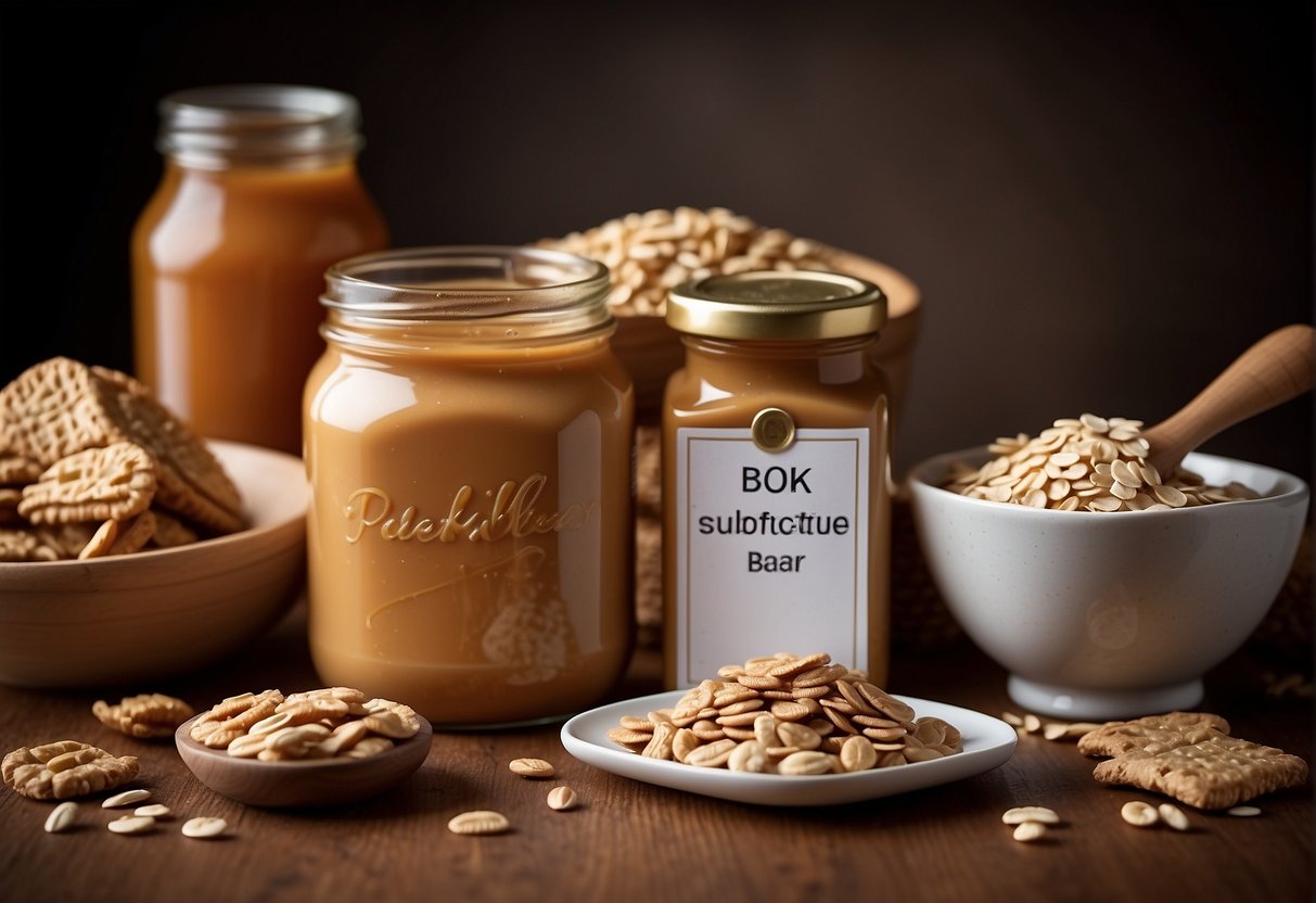 A jar of peanut butter, a bowl of oats, a bottle of honey, and a tray of oatmeal bars with a "substitute" label