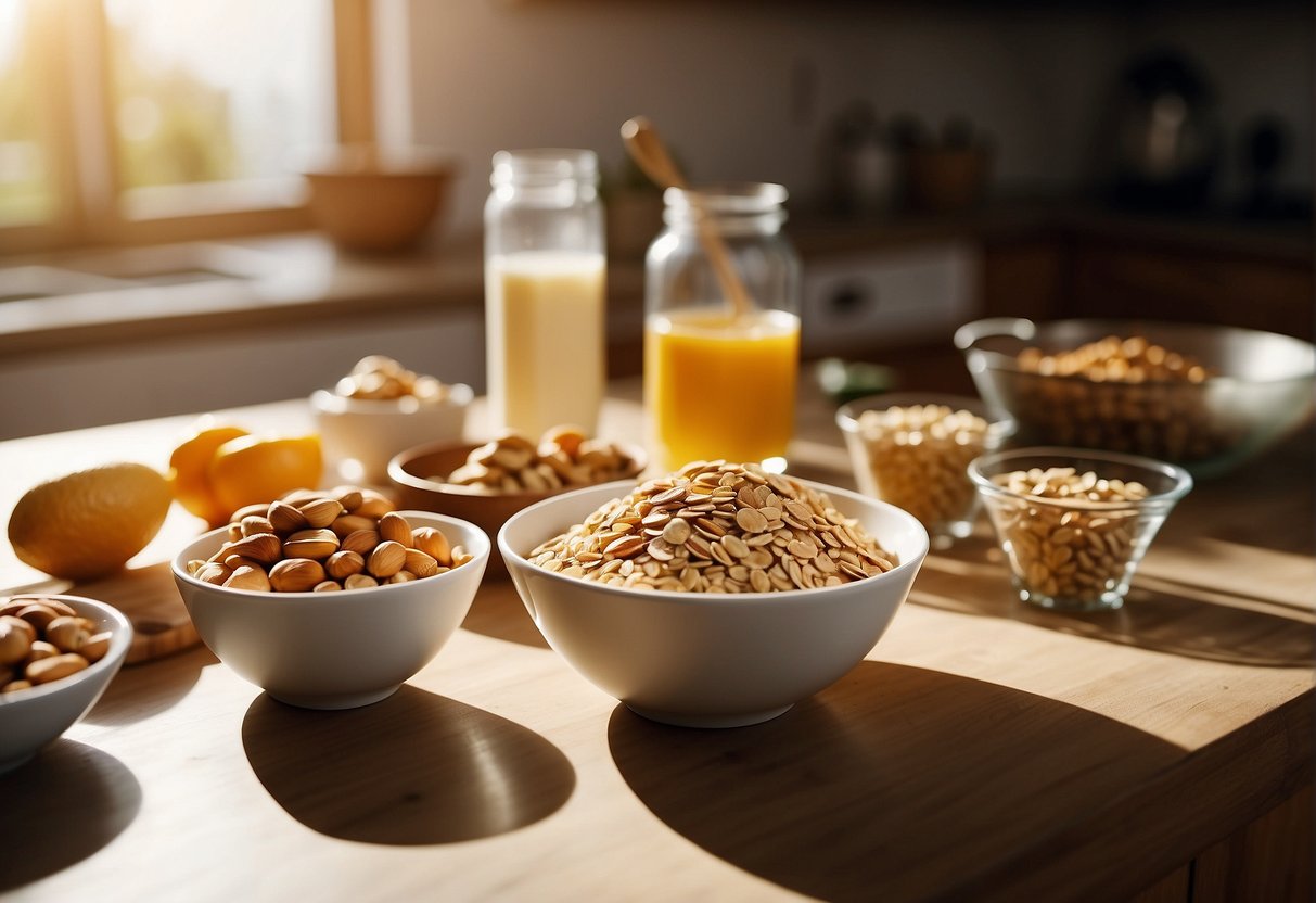 A kitchen counter with ingredients: oats, peanut butter, honey, and nuts. A mixing bowl and a square baking dish. Sunlight illuminates the scene