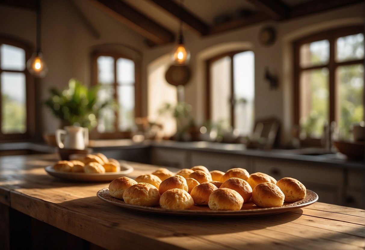 A rustic kitchen with a vintage wooden table filled with freshly baked Brazilian cheese bread bites. A warm and inviting atmosphere with natural light streaming through the windows