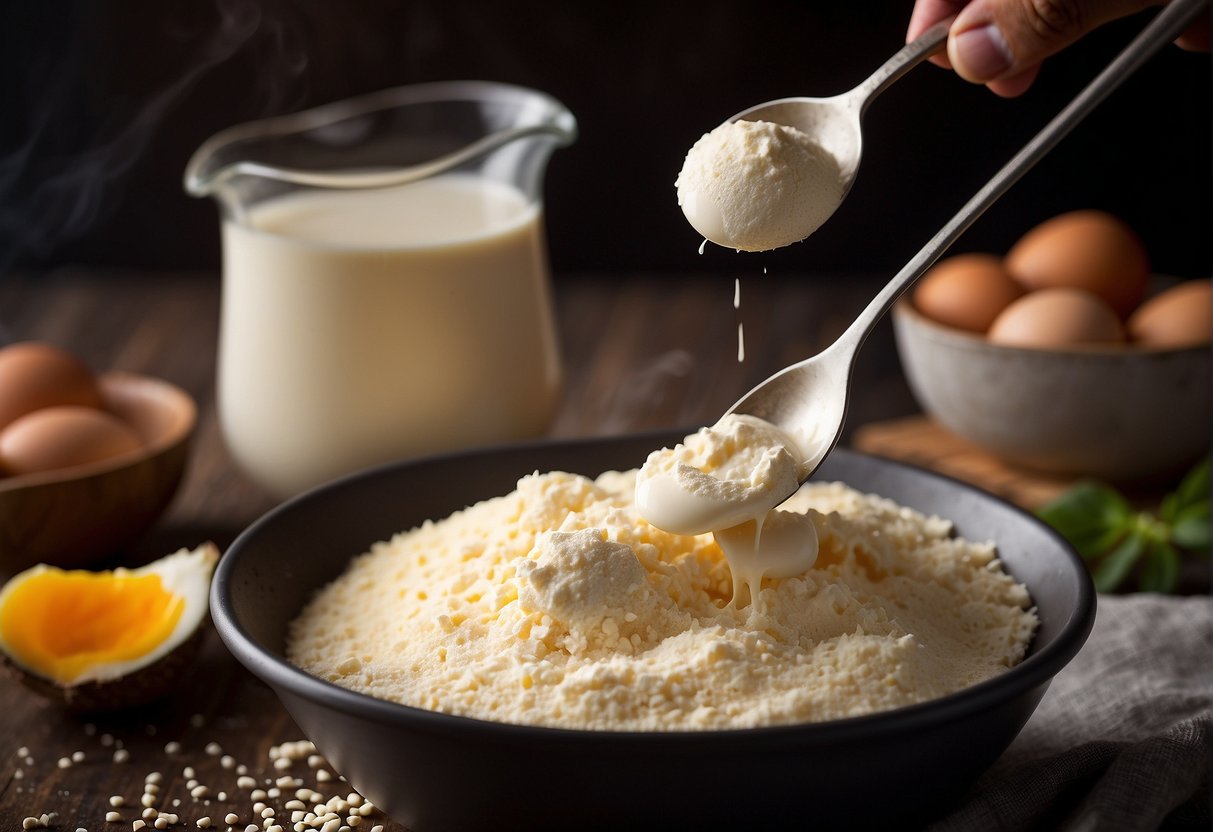 A mixing bowl filled with tapioca flour, cheese, eggs, and milk. A spoon is mixing the ingredients together to form a smooth dough