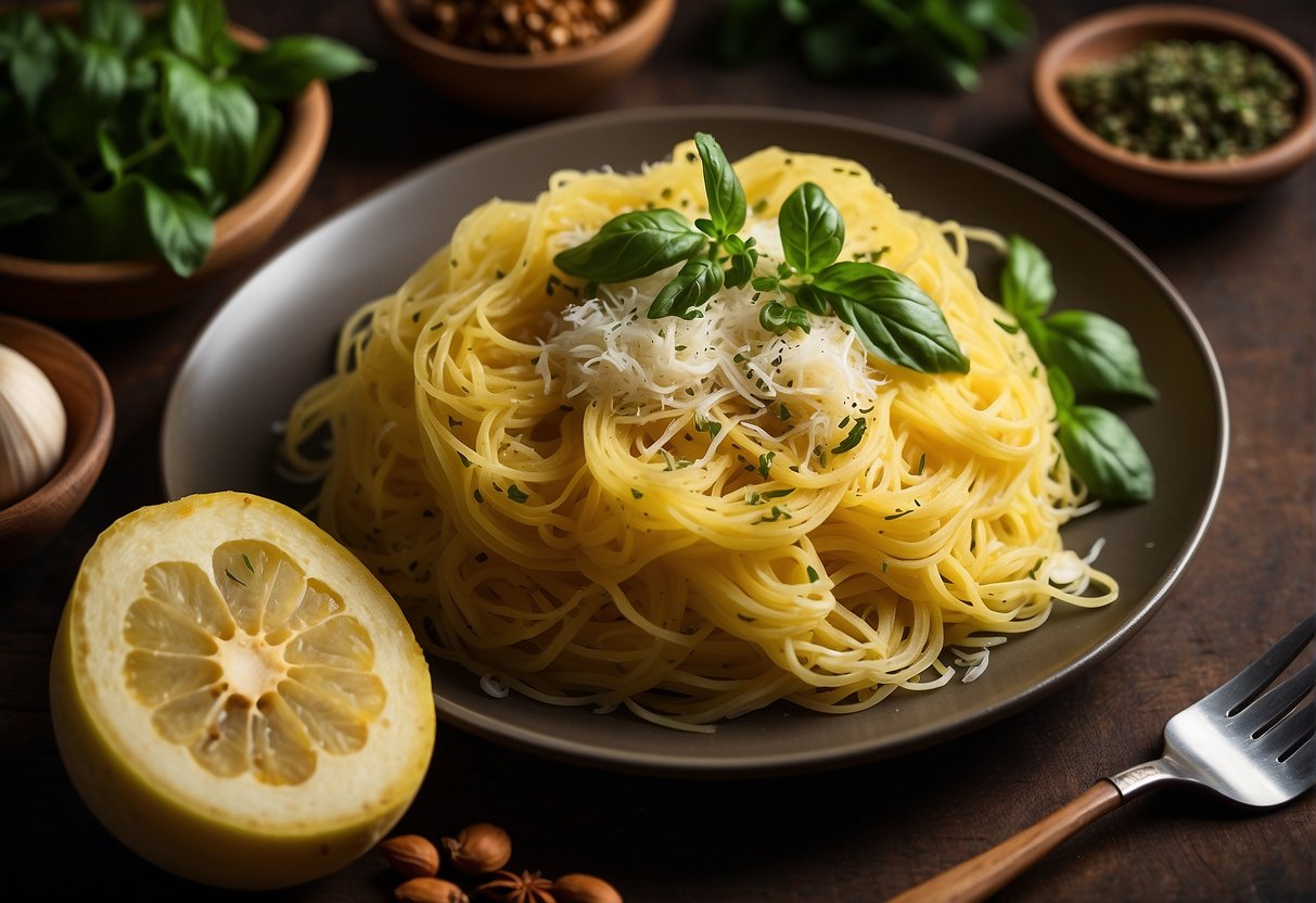 A plate of garlic parmesan spaghetti squash with a fork on the side, surrounded by fresh herbs and spices