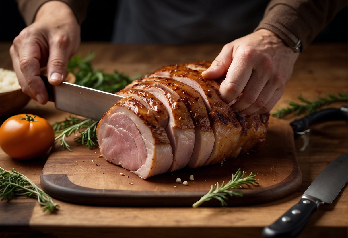A hand reaches for a perfectly marbled pork loin roast, carefully inspecting its size and quality. The meat sits on a pristine butcher block, surrounded by gleaming knives and kitchen tools