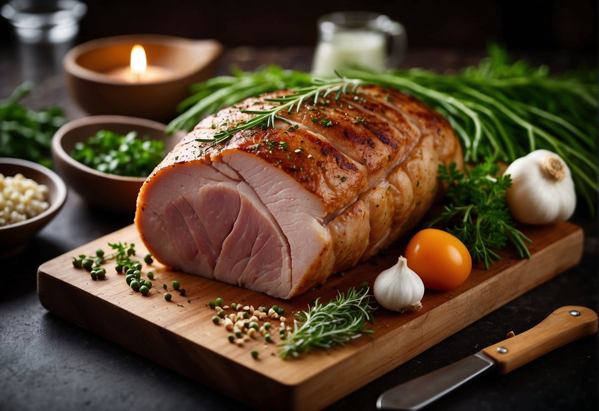 A pork loin roast sits on a clean cutting board surrounded by fresh herbs, garlic, and seasonings. A sharp knife and kitchen twine are nearby, ready for preparation