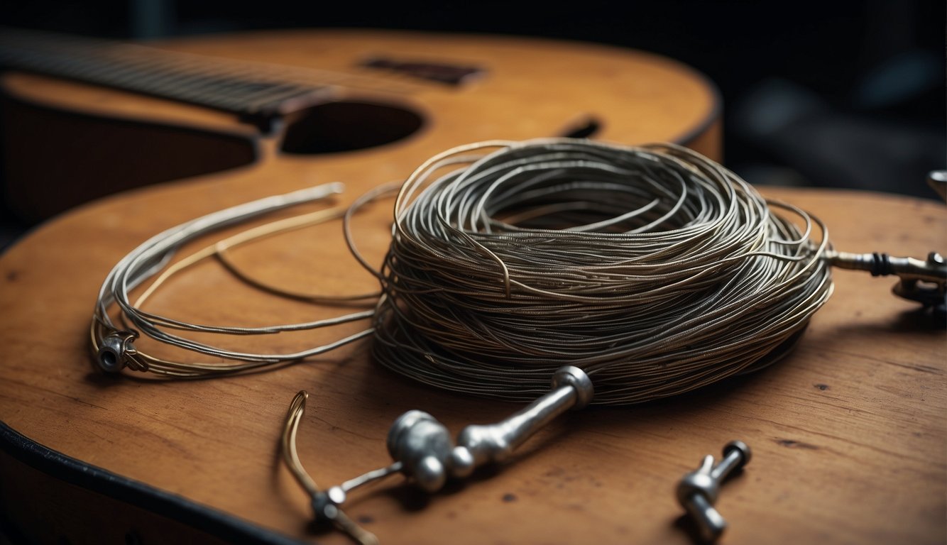 Old guitar strings lay tangled on a dusty workbench next to a shiny new set. A tuning peg turns, tightening the new strings while the old ones sit limp and lifeless