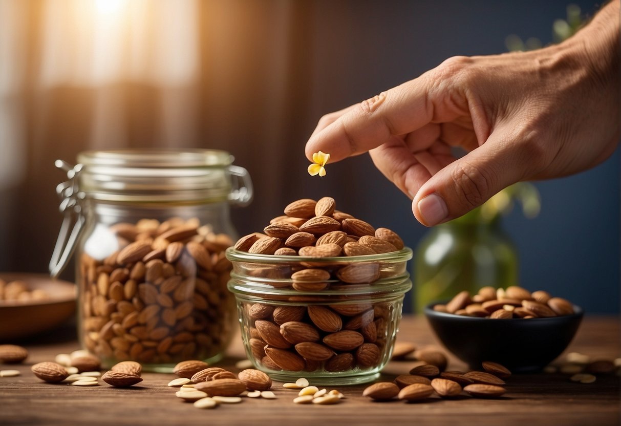 A hand reaches for a jar of almonds and a bag of raisins, next to a bowl of oats and honey