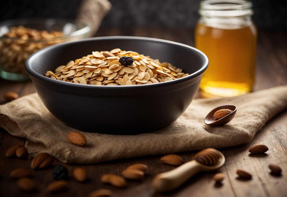 A mixing bowl filled with oats, almonds, and raisins. A spoon stirs honey and oil into the mixture. A baking sheet lined with parchment paper awaits