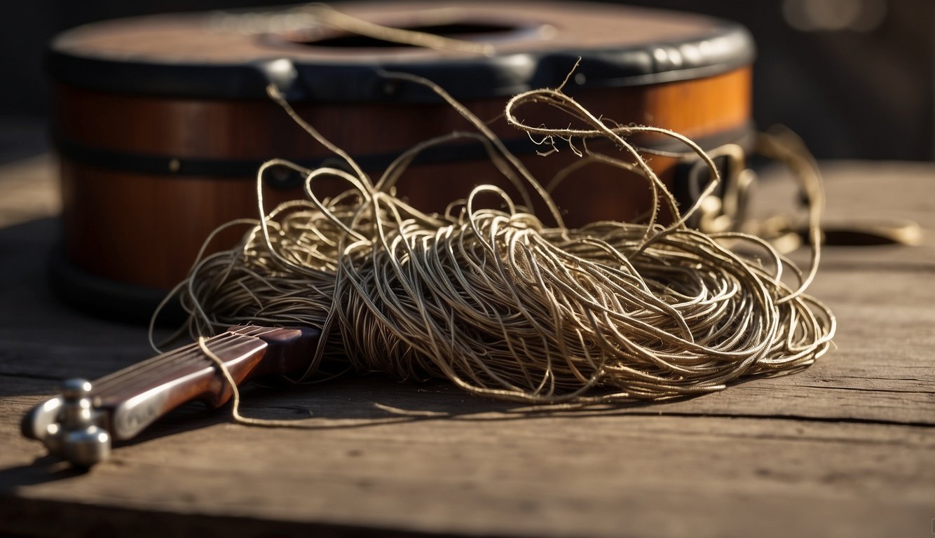 Old guitar strings lay tangled on a dusty workbench, their worn and frayed surfaces hinting at years of use. A tuning peg sits nearby, ready to be turned in an attempt to bring the aged strings back to life