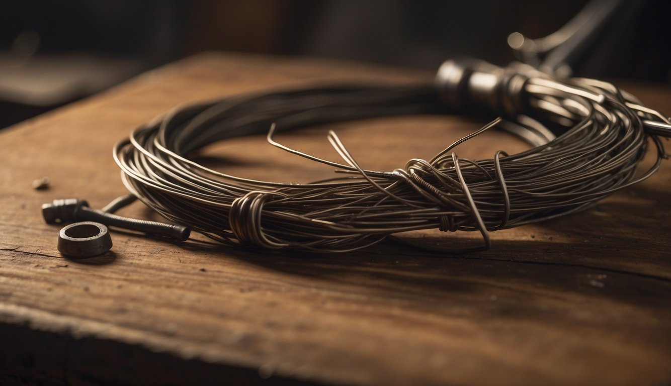 Old guitar strings lay tangled on a dusty workbench, showing signs of wear and tear. A tuning peg sits nearby, waiting to be used