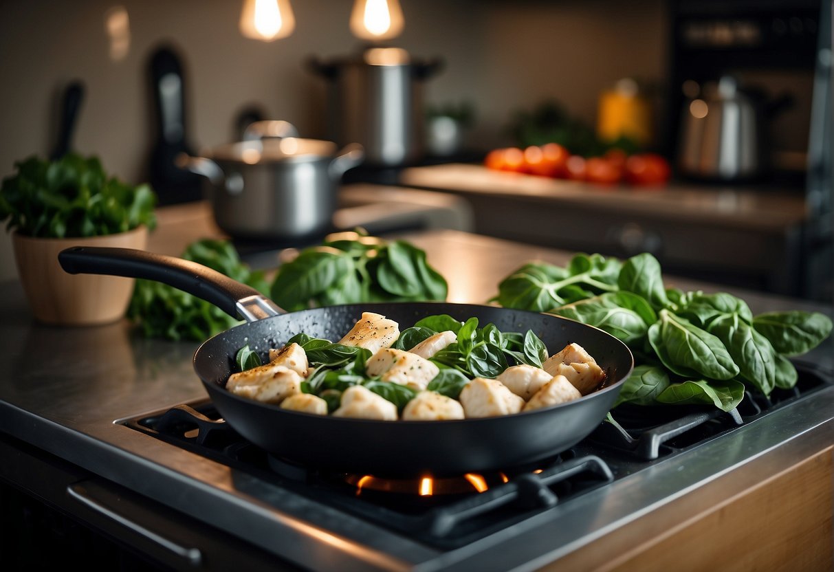 A skillet sits on a stove, filled with fresh spinach, artichokes, and chicken. Ingredients are neatly arranged on the counter nearby