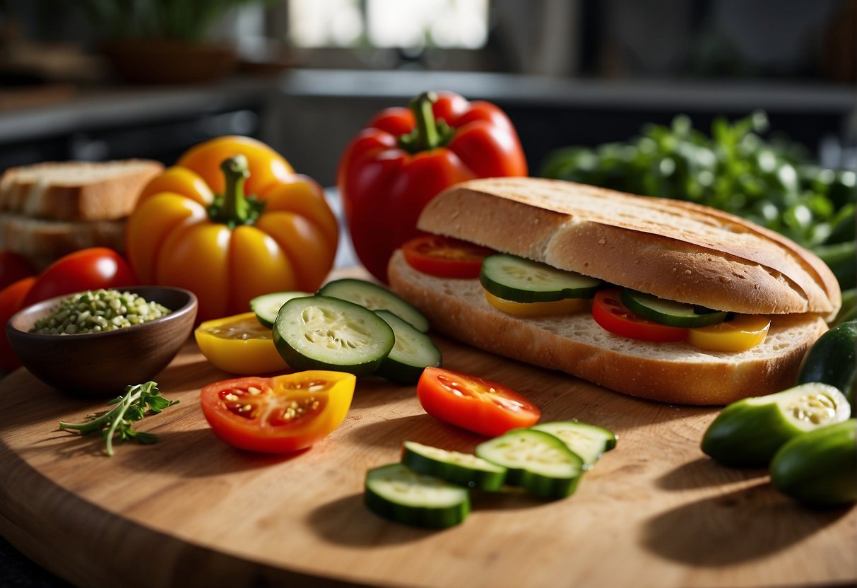 Fresh vegetables, like tomatoes, bell peppers, and zucchini, are being sliced and arranged on a cutting board next to a stack of crusty ciabatta bread. A grill is heating up in the background