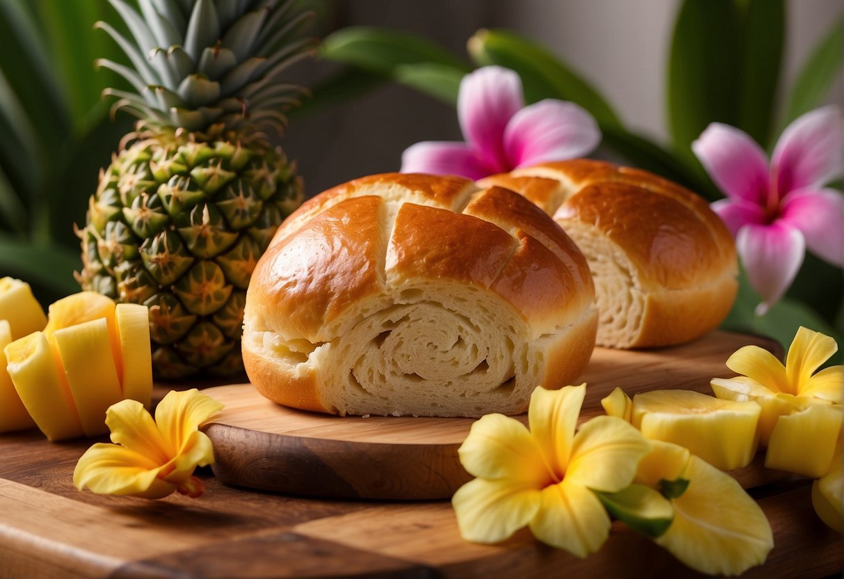 Fluffy Hawaiian sweet rolls on a wooden cutting board with a pineapple and tropical flowers in the background