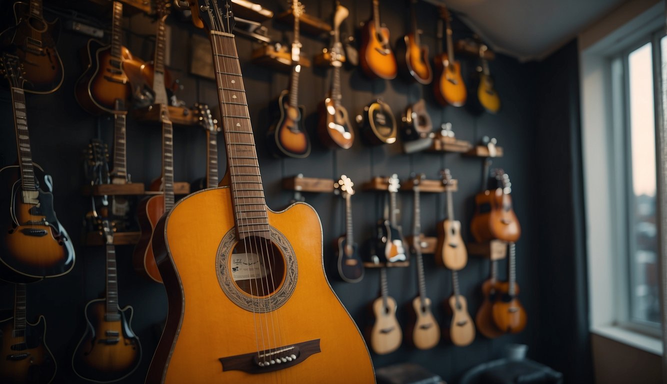A wall-mounted guitar hanger holds a guitar with loose strings, a capo, and a tuner. A small shelf below stores extra strings, picks, and a guitar stand